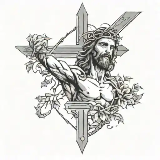 minimal detailing,jesus on the cross, a sword and shield, and vines tattoo design idea