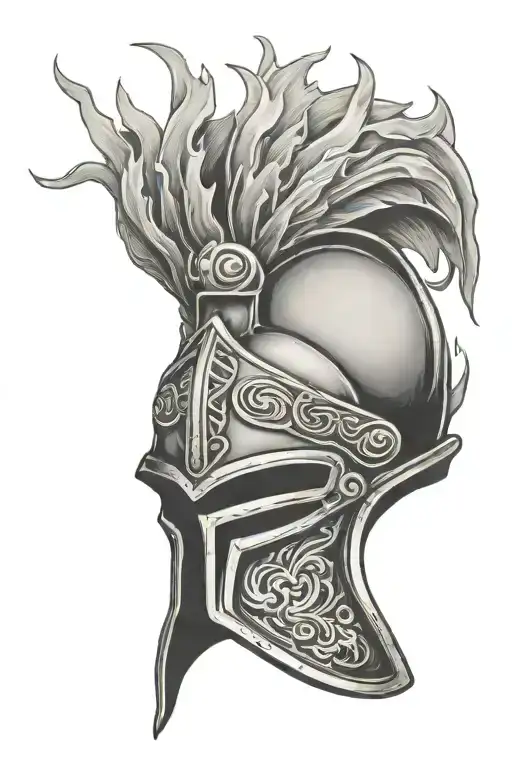 Worn Gladiator helmet engulfed in flames tattoo design idea