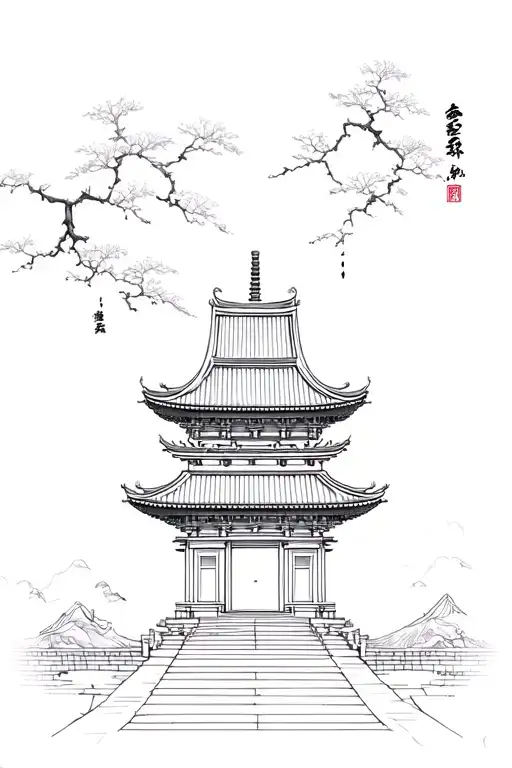 Japanese temple with Kintsugi tattoo design idea