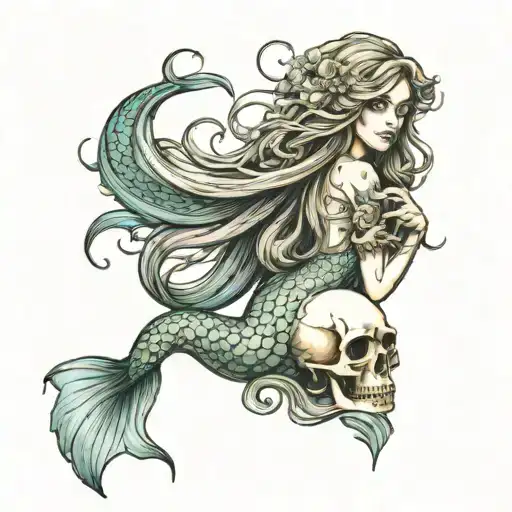 mermaid with long hair and tail holding a skull tattoo design idea