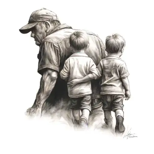 dad walking away with both his little sons holding hands tattoo design idea