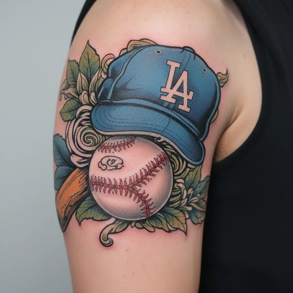 baseball with la dodgers hat sitting tattoo design idea