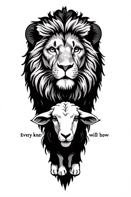 lion and lamb "every knee will bow" written below tattoo design idea