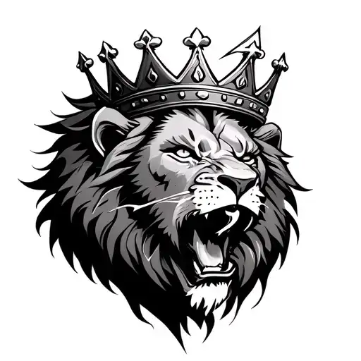 roaring lion wearing a crown with a thin line like a lightning cutting through one eye. the lightning should be angled v tattoo design idea