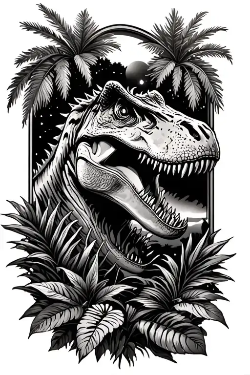 jurassic park style tattoo with some plants and palms, a T-rex screaming and the night sky encased in amber tattoo design idea