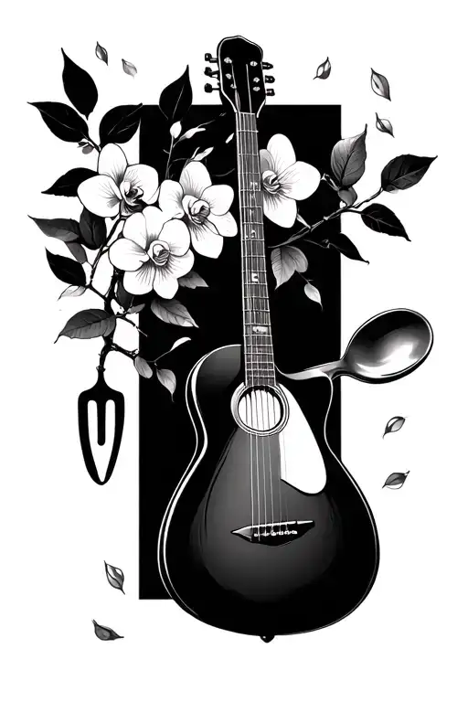 Japanese cherry blossom tree, falling leaves, guitar, orchid, spoon, spatula, cardinal tattoo design idea