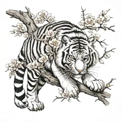 tiger walking cherry blossom tree branch moon tattoo design idea