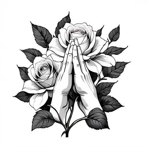praying hands with rose and gardenia flower growing tattoo design idea