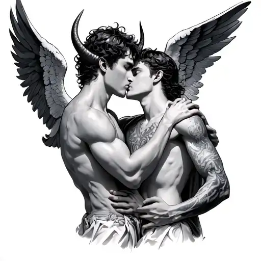 two male angels embracing and kissing and one having horns tattoo design idea