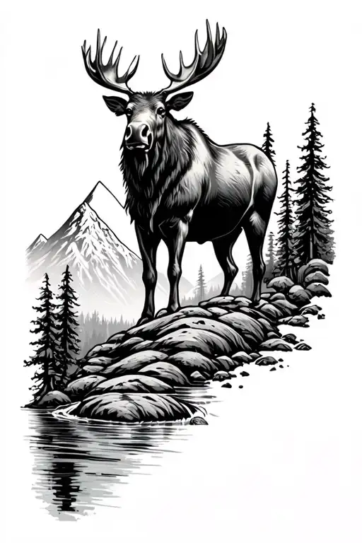 moose with mountains and trout stream tattoo design idea