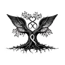 Tree of life with Infinity Symbol carved into the trunk of the tree, a butterfly with angel wings tattoo design idea