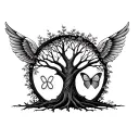 Tree of life with Infinity Symbol carved into the trunk of the tree, a butterfly with angel wings tattoo design idea