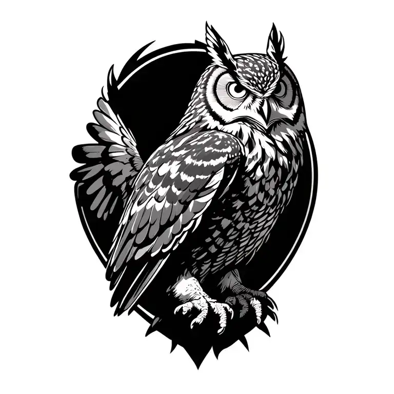 Great Horned Owl mid flight, guardian spirit, Norse mythology, tattoo design idea