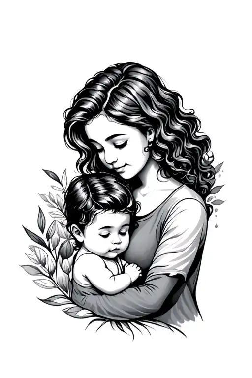 mom and baby boy fine line tattoo both have curly hair  tattoo design idea