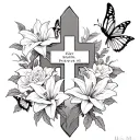 Lillies and roses with butterflies with cross in the middle saying psalms 91:05 inside the cross  tattoo design idea