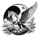 muscular Pegasus soaring over moon and clouds, with earth down below tattoo design idea