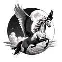 muscular Pegasus soaring over moon and clouds, with earth down below tattoo design idea