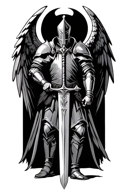 winged gothic knight holding a sword tattoo design idea