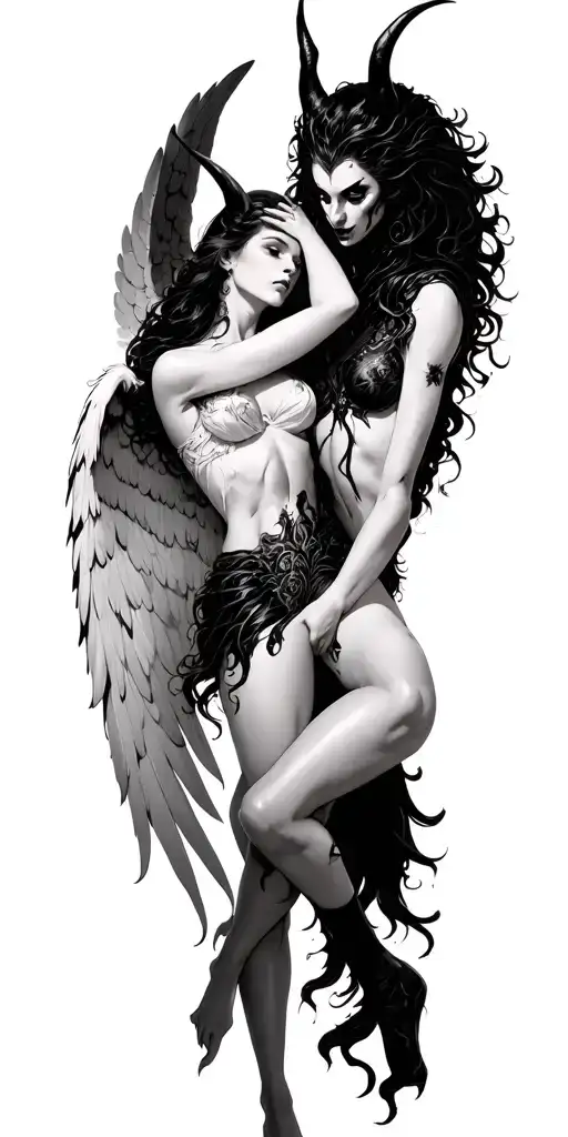 1 sexy female angel in white fighting 1 sexy female demon in black tattoo design idea