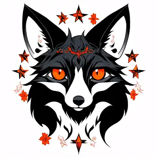 Three -eyed black fox with an orange scarlet eyes surrounded by a star of Baphomet tattoo design idea