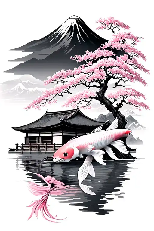 japanese architect, cherry blossom tree, koi fish, samurai ,mount fuji tattoo design idea