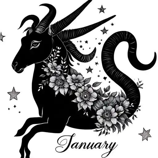 Capricorn zodiac sign with January Birthday flowers and stars of Capricorn tattoo design idea