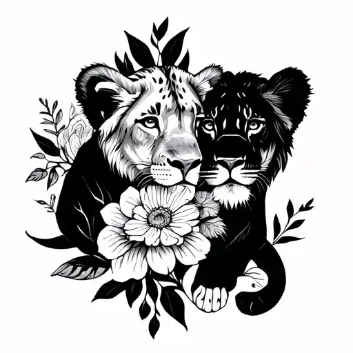 half lion half 3 lion cubs with flowers intertwined tattoo design idea