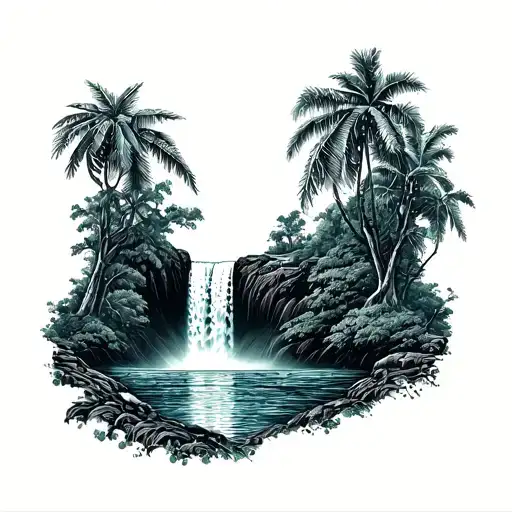 Hawaii waterfall and trees tattoo design idea