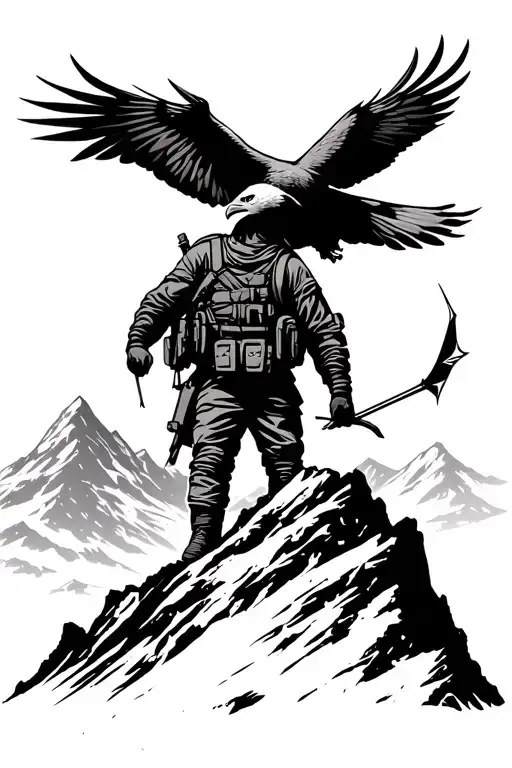 A soldier silhouette standing on a mountain peak with an eagle flying overhead and an arrow in hand tattoo design idea