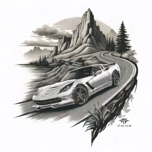 A detailed arm tattoo showcasing a sleek Chevrolet Corvette c2 winding through a scenic mountain road overlooking a shim tattoo design idea