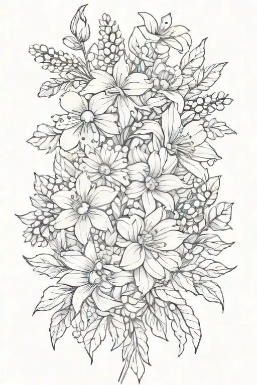 Flower bouquet tied with daffodils daisy Chrysanthemum violets asters  tattoo design idea