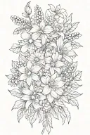 Flower bouquet tied with daffodils daisy Chrysanthemum violets asters  tattoo design idea