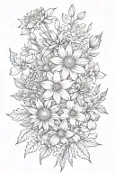 Flower bouquet tied with daffodils daisy Chrysanthemum violets asters  tattoo design idea