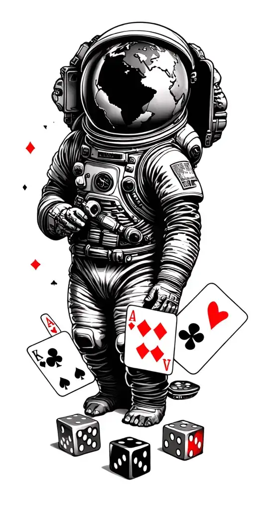 world and astronaut and playing cards and dice and Texas vibe on top  tattoo design idea