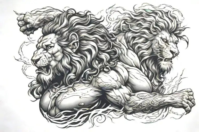 Hercules and lion sleeve with lightning storm tattoo design idea