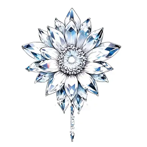 Crystal flower in the middle, surrounded by tiny crystals and decorations. tattoo design idea