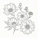 morning glory, aster, and chrysanthemum flowers together fine line  tattoo design idea