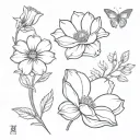 morning glory, aster, and chrysanthemum flowers together fine line  tattoo design idea