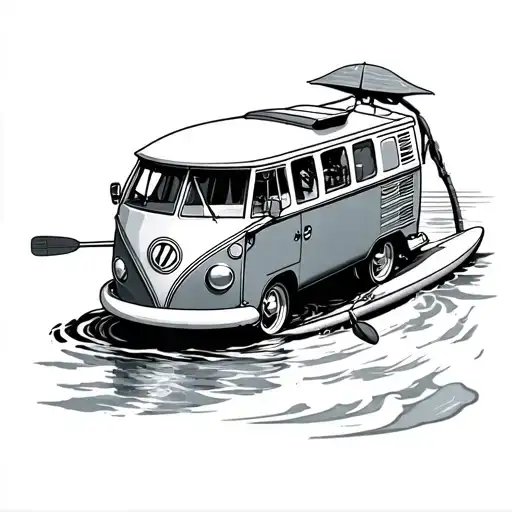 campervan and paddleboarding tattoo design idea
