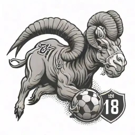 A woman with a ram's head wearing a football jersey with the number 'Blue' on it, in a black-grey style tattoo design idea