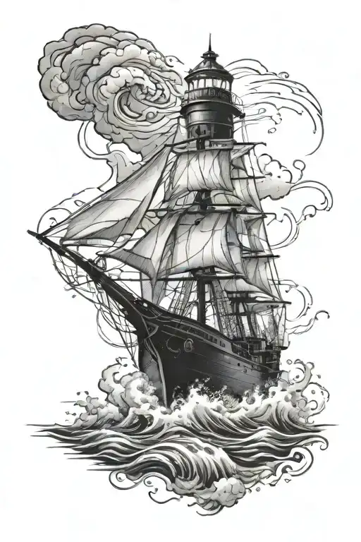 Ship in storm and lighthouse  tattoo design idea