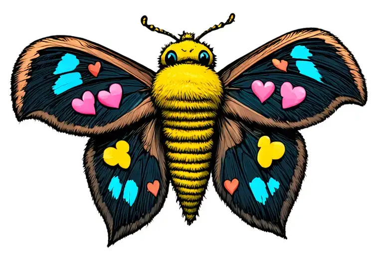Curry Fuzzy moth with wings spread. With small hearts on the wings instead of the eye pattern moths have. Some colors of tattoo design idea