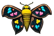 Curry Fuzzy moth with wings spread. With small hearts on the wings instead of the eye pattern moths have. Some colors of tattoo design idea