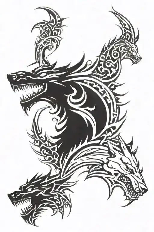 Dragon head and Wolf head tattoo design idea