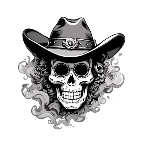 outlaw sugar skull wearing cowboy hat with smoke in the background  tattoo design idea