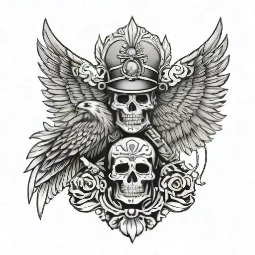 Mexican day of the dead skull as a soldier and a brown eagle  tattoo design idea
