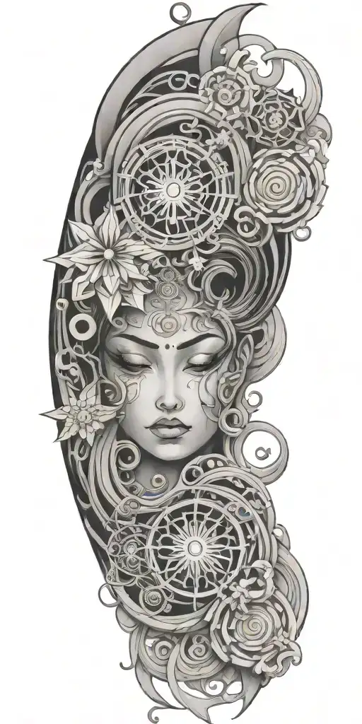 Blend Buddhist mandalas, fine-line wood grain, anime elements, and subtle gaming symbols into a cohesive, flowing design tattoo design idea