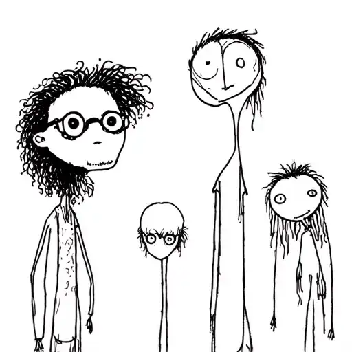 a Tim Burton world with 2 characters, a tall, thin, curly-haired guy with glasses and another smaller one who's not too thin tattoo design idea