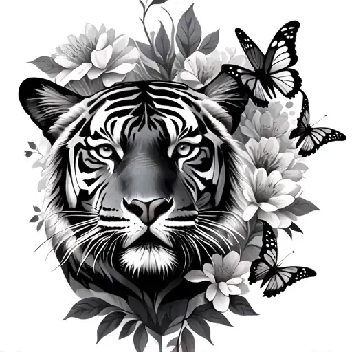 tiger surrounded by flowers, butterfly's, face tattoo design idea