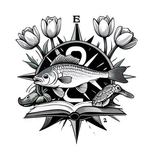 a fish, three tulips, 2 golf tees, the number 2, surfboard, orioles symbol, turtle, a book all around a compasss tattoo design idea